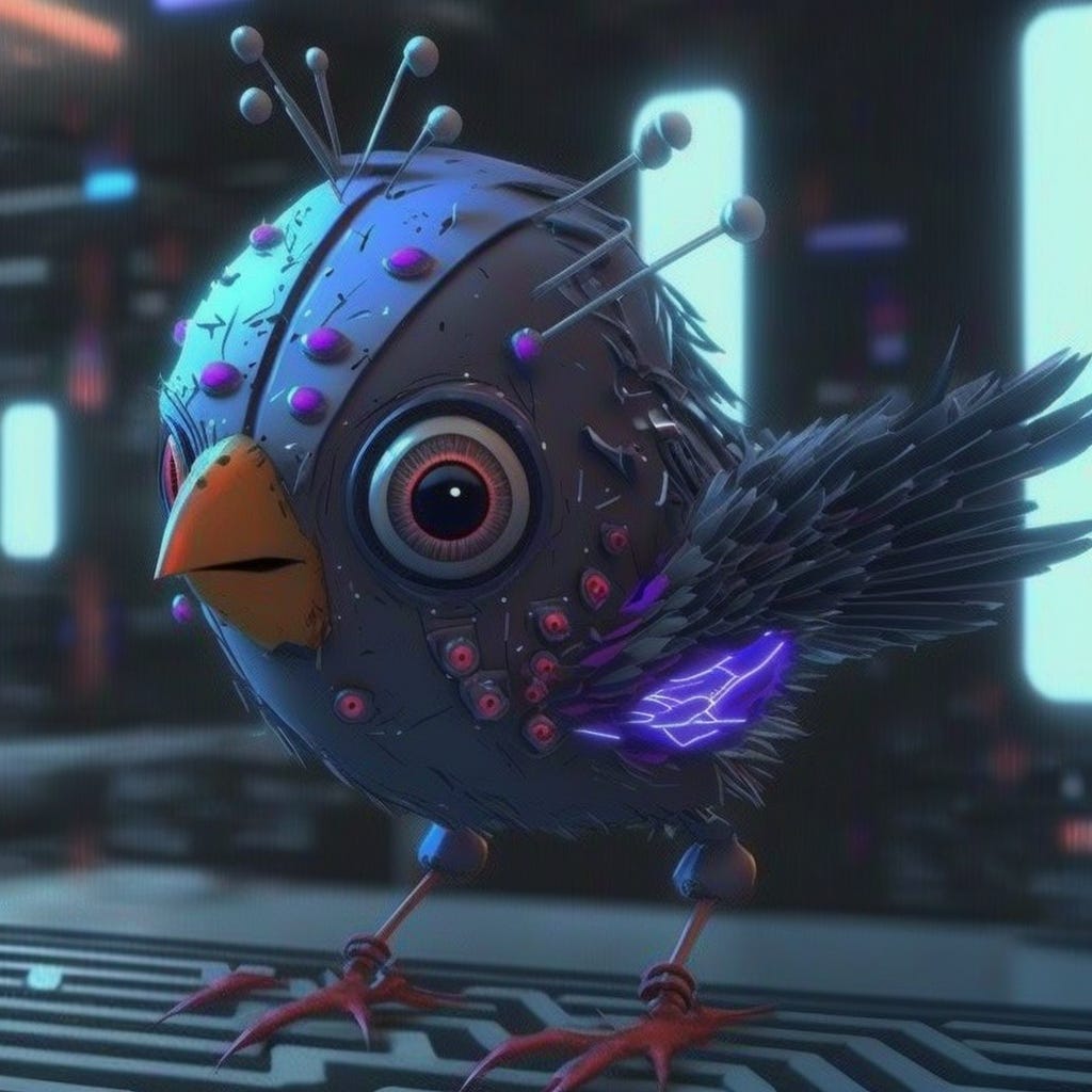 cyber punk, Twitter bird, pixar style, octane render, volumetric lighting