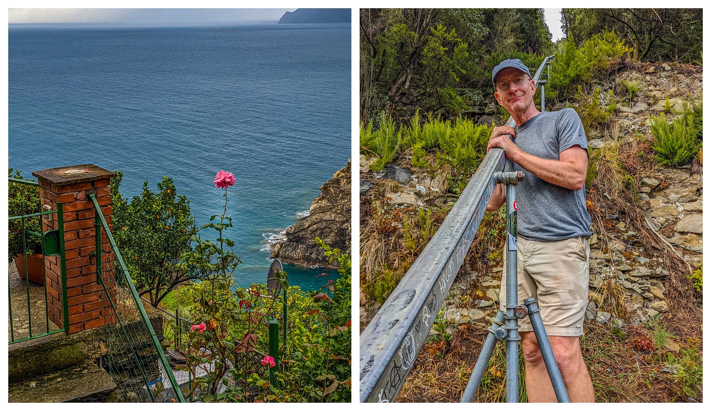 The photo on the left shows the view from a house, a single rose bright against the blue ocean. The photo on the right shows Brent standing in front of a section of the track used to haul olives up the hillside. 