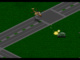 Your Comanche helicopter attacking a low-level tank in the game's first stage