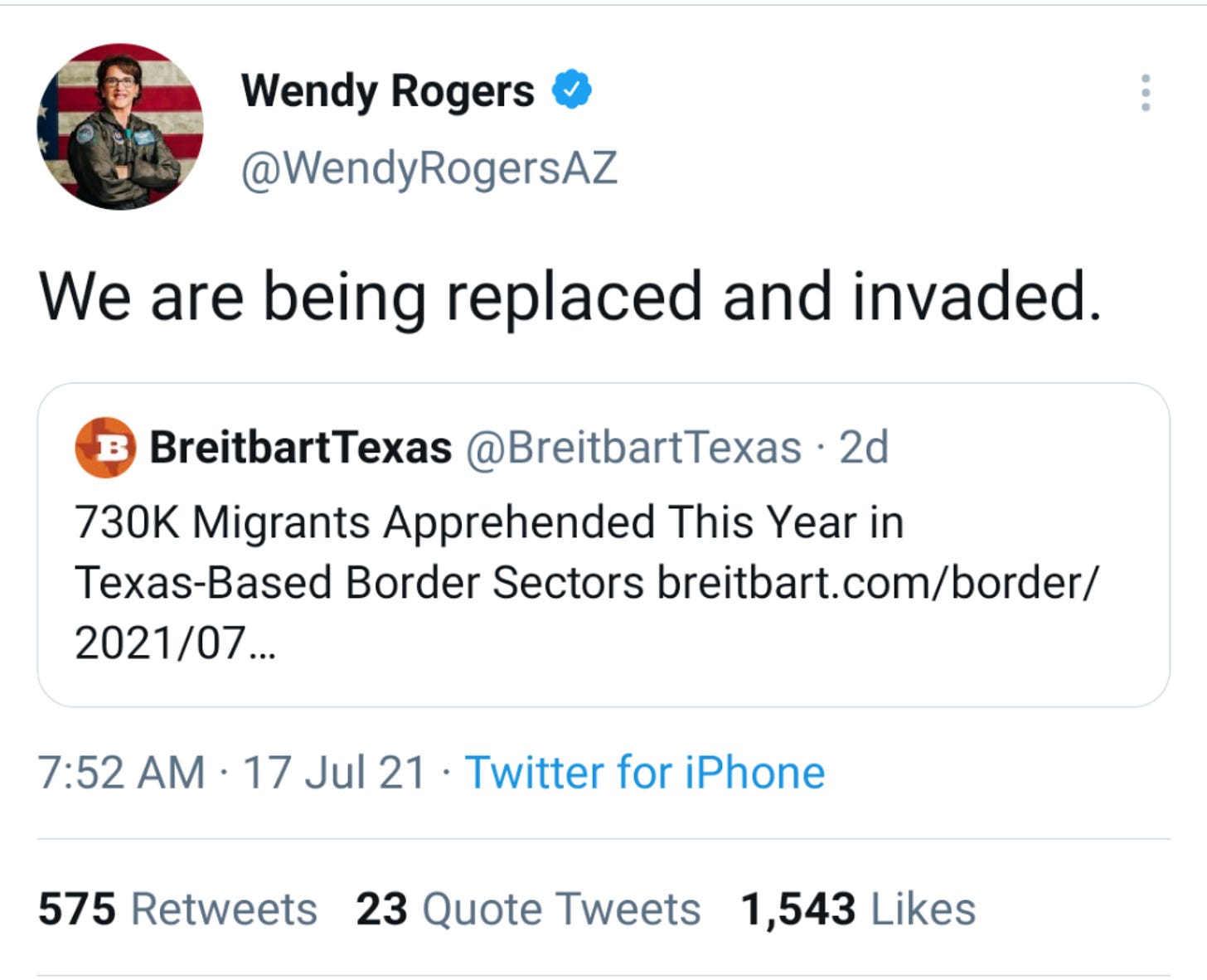 Screenshot of tweet from Wendy Rogers that reads, "We are being replaced and invaded."