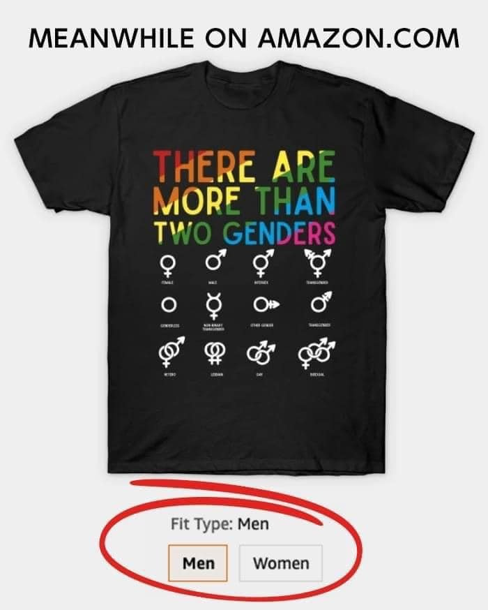 May be an image of ‎text that says '‎MEANWHILE ON AMAZON.COM THERE ARE MORE THAN TWO GENDERS ةRSا ത Fit Type: Men Men Women‎'‎