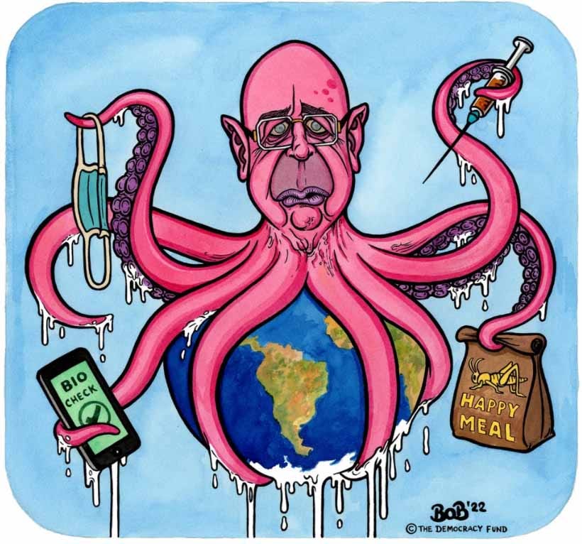 Karikatur dari Klaus Schwab ingin mengontrol dunia.