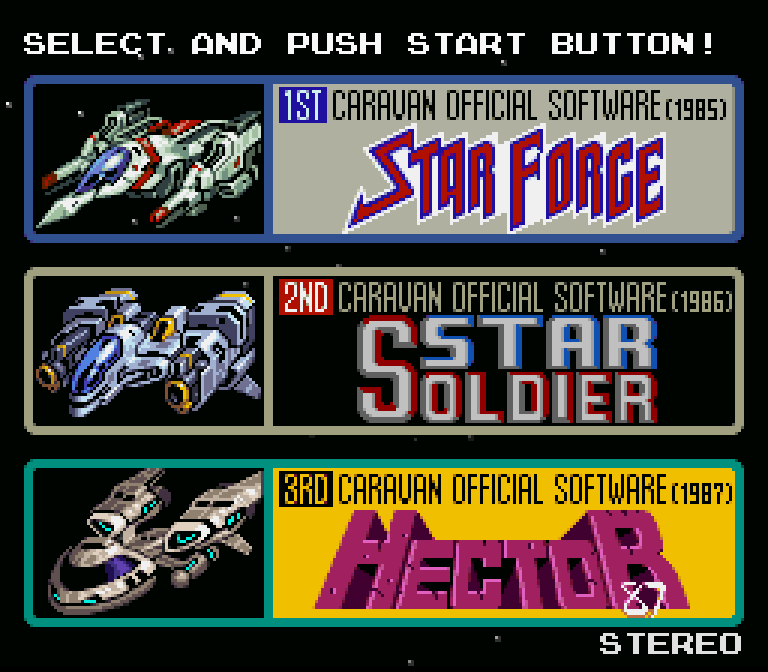 The game select screen from the Super Famicom's Caravan Shooting Collection, featuring Star Force, Star Soldier, and Hector '87