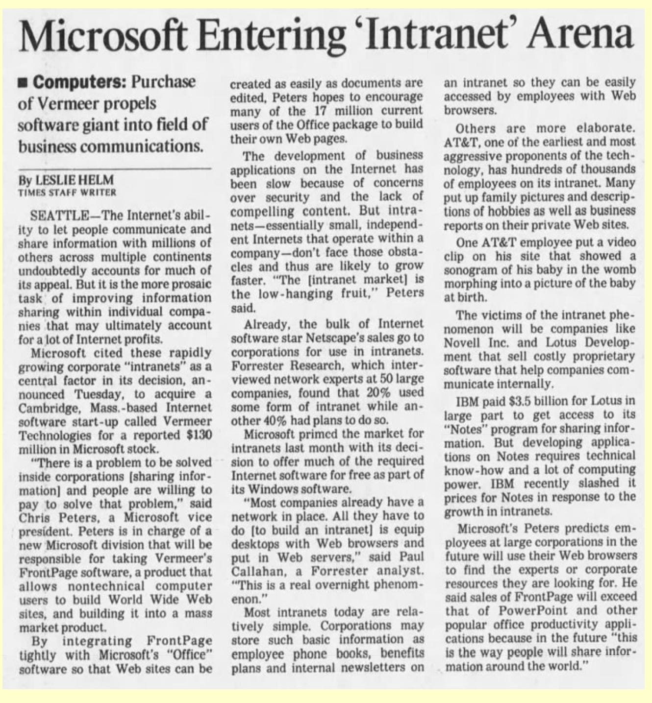 Scanned news headline "Microsoft Entering 'Intranet' Era"