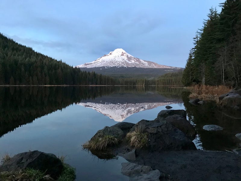 Photo I took nearly a year ago today, of Mount Hood and its reflection in Trillium Lake