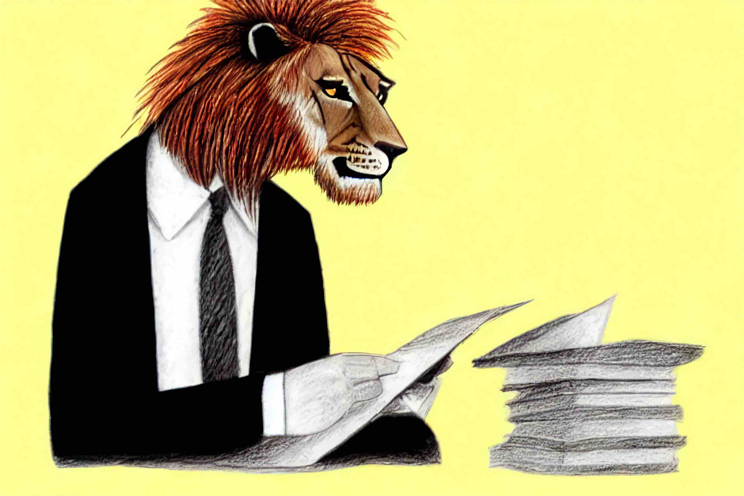 A lion in a suit looking through a pile of papers 