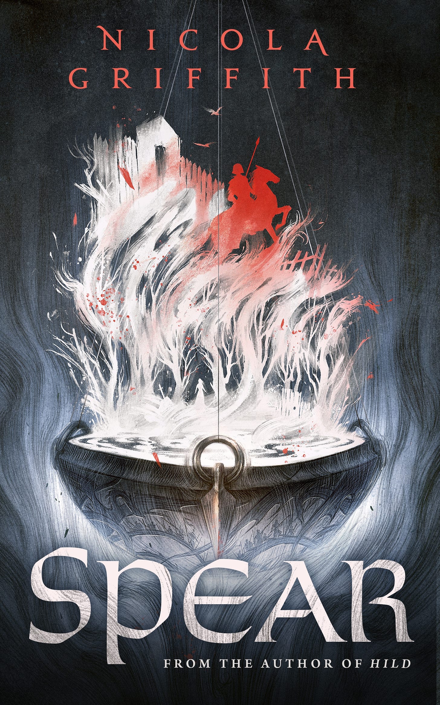 The cover of Nicola Griffith's SPEAR shows a large ornate cauldron, with round metal handles attached around it, and historic looking etchings of an army with spears/weapons facing dragon-like figures. Liquid is swirling inside which turns into magical flames bursting out, in which images from the book appear including a sword sticking up, a woman's figure in a forest, the book's main character Peretur on horseback holding a spear, a castle/barricade, fencing, and two hawks flying. The text reads "Nicola Griffith" on top and "SPEAR from the author of Hild" on the bottom. Cover art by Rovina Cai; Cover Design by Christine Foltzer.