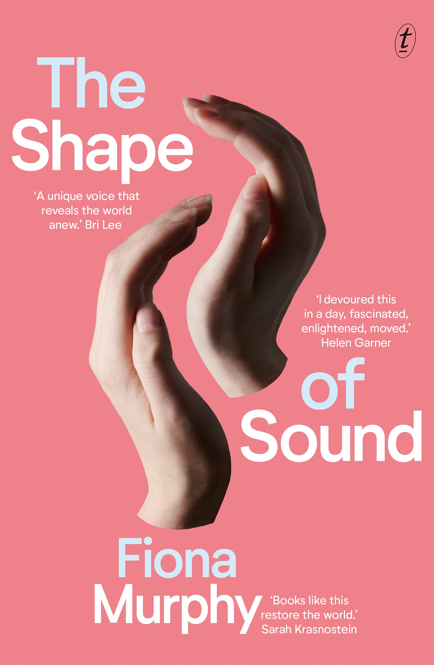 The cover of the book 'The Shape of Sound' by Fiona Murphy. The cover is a salmon colour with two hands on it