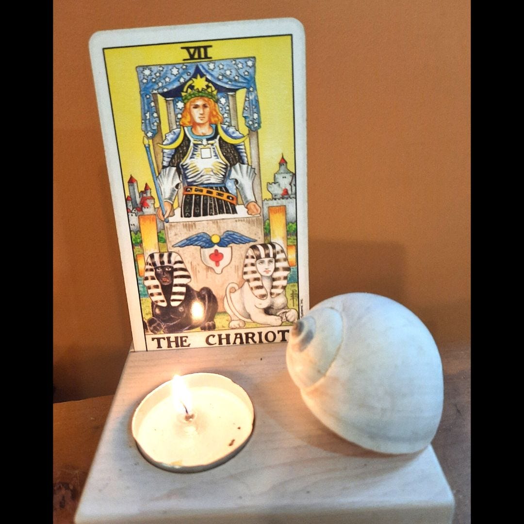 Photo of chariot card with a lit candle and shell in front of it.