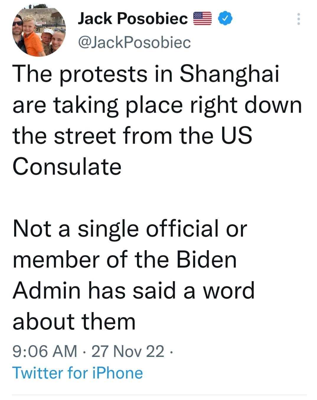 May be a Twitter screenshot of 4 people and text that says 'Jack Posobiec @JackPosobiec The protests in Shanghai are taking place right down the street from the US Consulate Not a single official or member of the Biden Admin has said a word about them 9:06 AM 27 Nov 22. 22 Twitter for Phone'