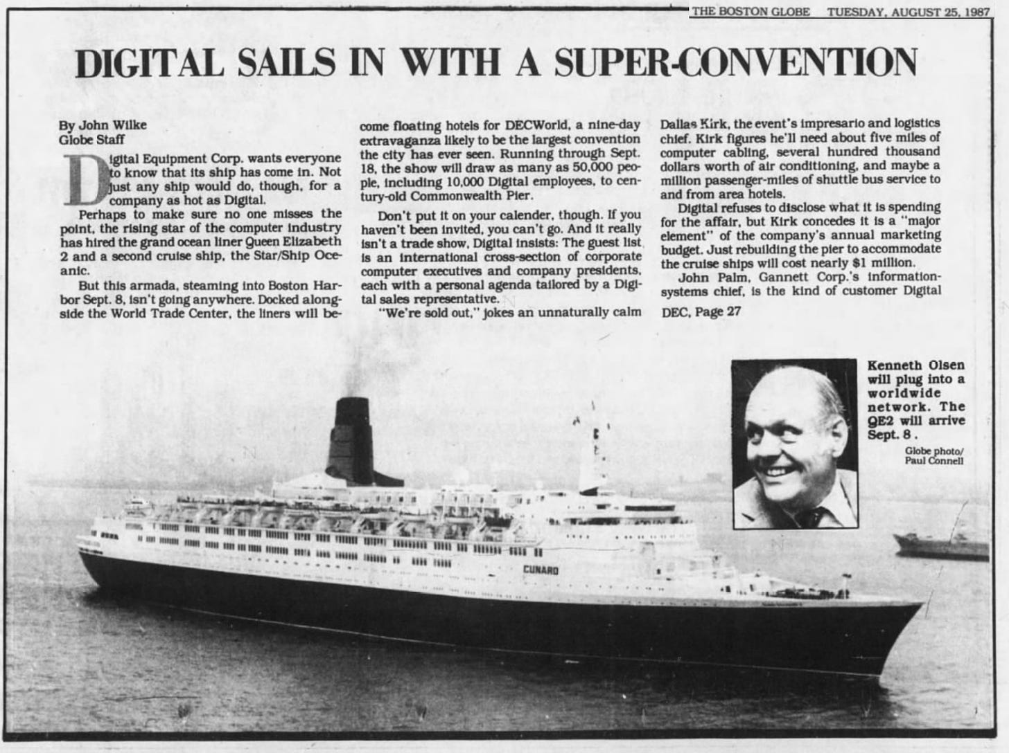 Digital Sails in with a Super-Conference newspaper story. There is an image of the Queen Elizabeth 2 ocean liner parked in Boston Harbor being used as a hotel room and conference center for overflow.