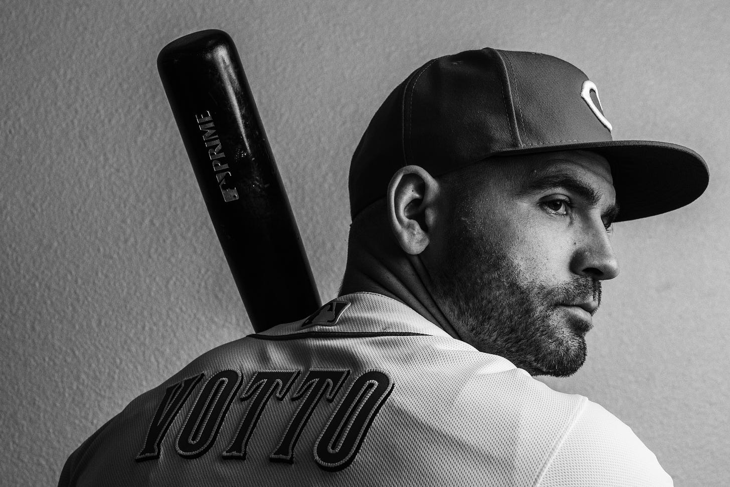 Black and white photo of Joey Votto looking dreamy do not fight me