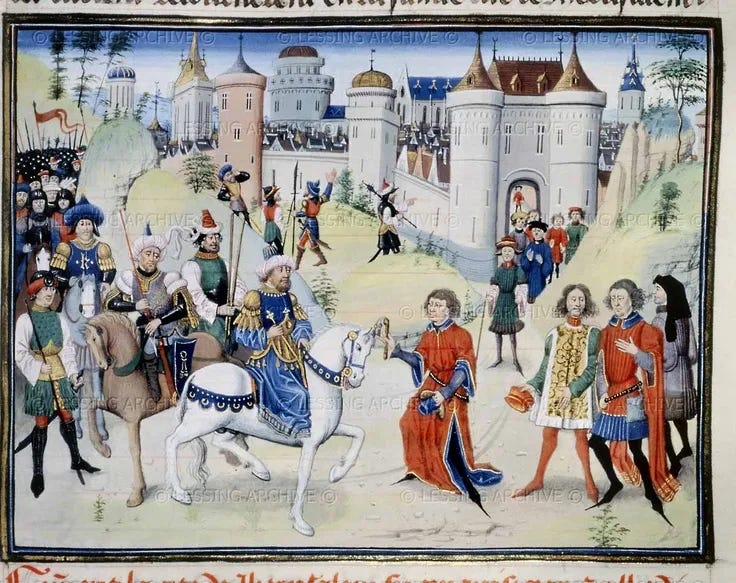 Balian (center right) negotiating Jerusalem’s surrender, as imagined by the illustrator of a 15th century chronicle (Wikimedia Commons)