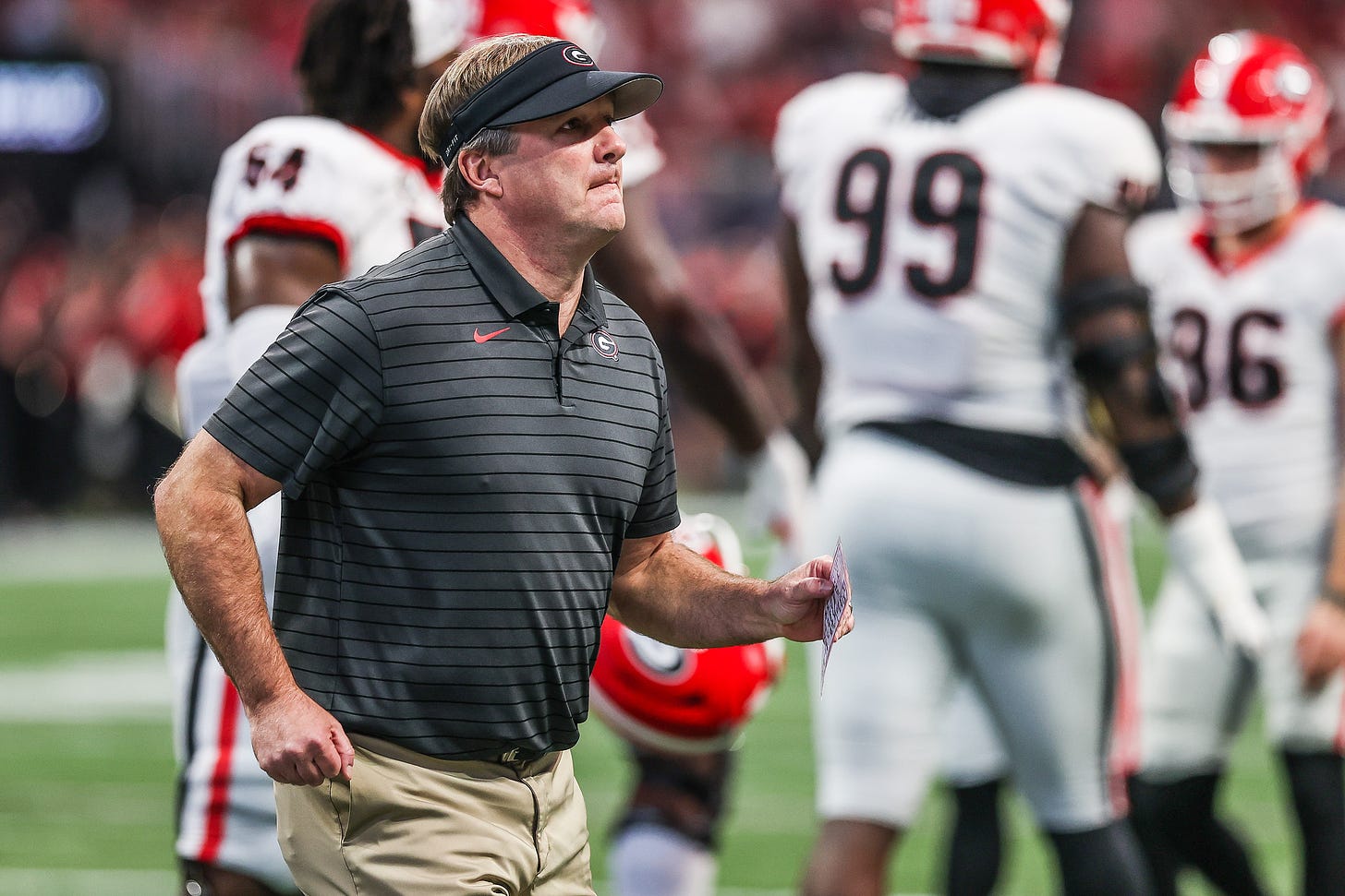 Georgia head coach Kirby Smart during a game against Alabama in the 2021 SEC Championship at Mercedes-Benz Stadium in Atlanta, Ga., on Saturday, Dec. 4, 2021. (Photo by Mackenzie Miles)