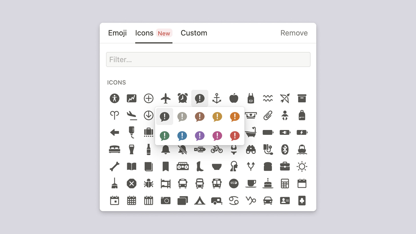 This is a pop-up menu in Notion set against a lilac background. The menu shows all the possible icons you can assign to a page, arranged in a 12-by-7 array. All of these icons depict common objects and symbols and are dark gray in color. The speech bubble icon is selected, and an additional mini pop-up menu shows 10 different color options that the user can choose.