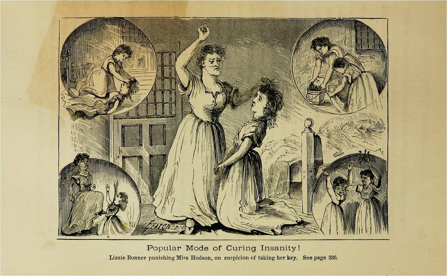 "popular mode of curing insanity!" illustration just shows a lady whacking a young woman on the head. 