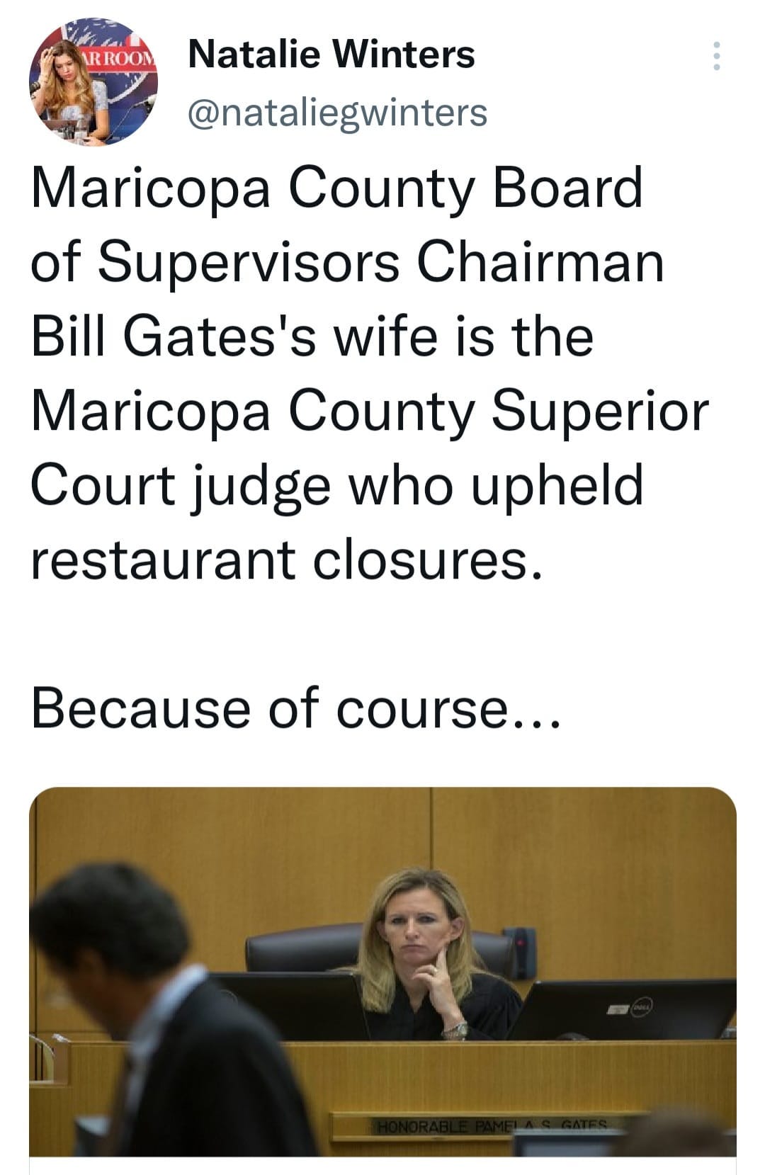 May be an image of 2 people and text that says 'ARROOM Natalie Winters @nataliegwinters Maricopa County Board of Supervisors Chairman Bill Gates's wife is the Maricopa County Superior Court judge who upheld restaurant closures. Because of course...'