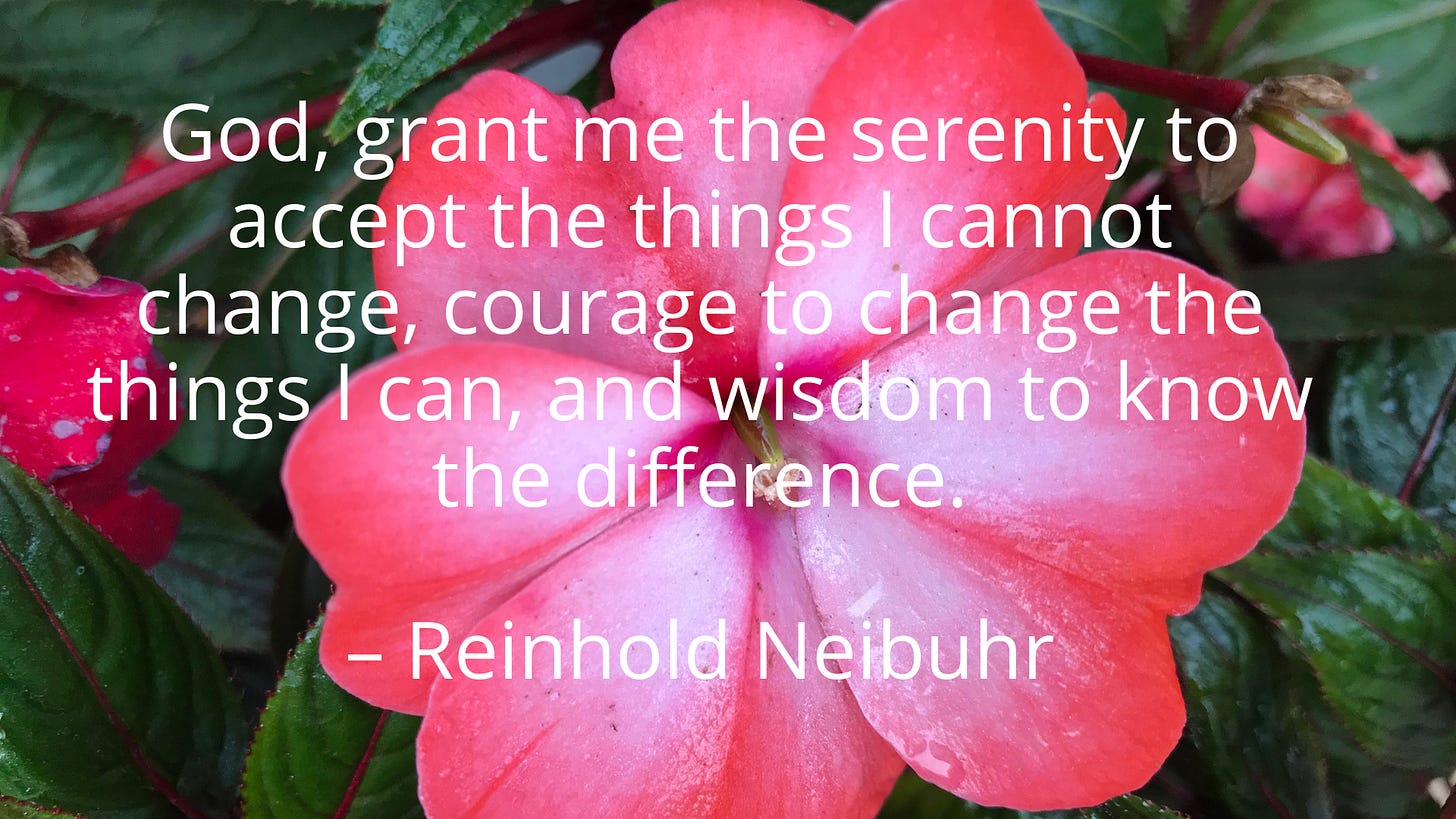 God, grant me the serenity to accept the things I cannot change, courage to change the things I can, and wisdom to know the difference. – Reinhold Neibuhr God, grant me the serenity to accept the things I cannot change, courage to change the things I can, and wisdom to know the difference. – Reinhold Neibuhr