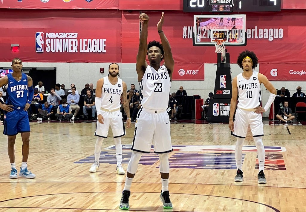 New Pacers wing Aaron Nesmith shoots a free throw at NBA Summer League.