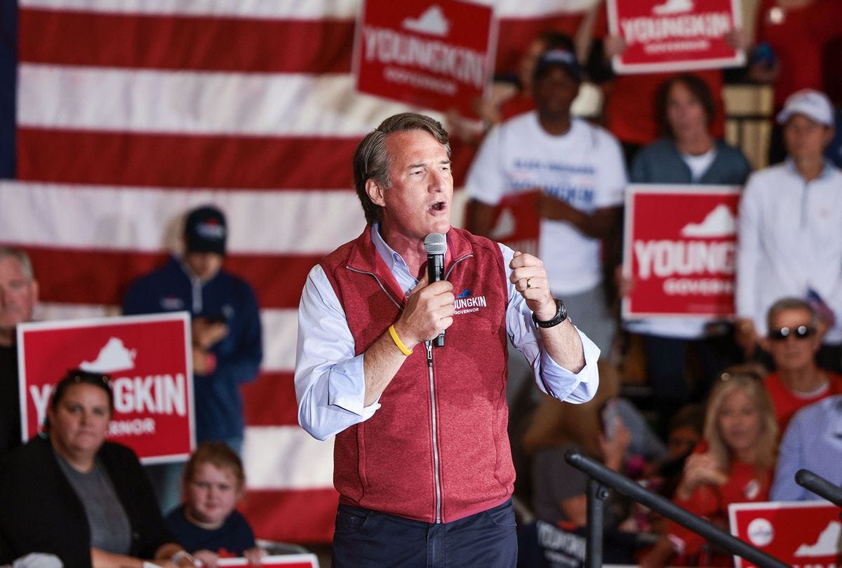 Virginia Republican gubernatorial candidate Glenn Youngkin speaks at a campaign rally at the Chesterfield County Airport on November 01, 2021 in Richmond, Virginia. The Virginia gubernatorial election, pitting Youngkin against Democratic candidate, former Virginia Gov. Terry McAuliffe, is tomorrow. (Anna Moneymaker/Getty Images)