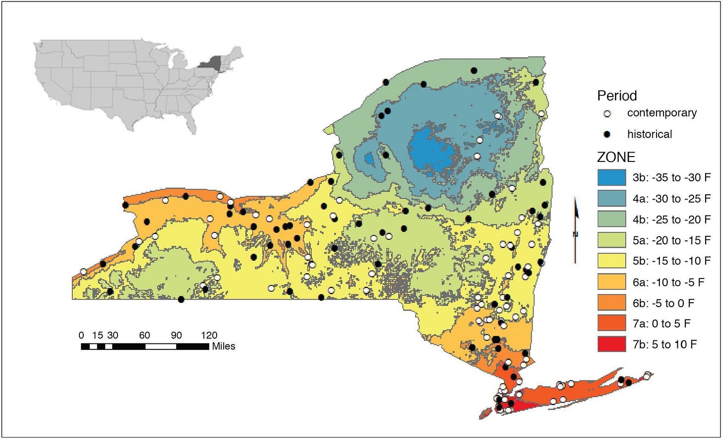 Geographic projection map of historical and contemporary phenology monitoring sites across New York, USA, with contemporary US Department of Agriculture Hardiness Zones indicated from the year 2012 (USDA, 2012). Historical locations (n = 66) are indicated by black circles and contemporary locations (n = 88) by white circles. Historical time period spanned years 1826–1861, and contemporary time period spanned years 2009–2017. Geographic projection map of historical and contemporary phenology monitoring sites across New York, USA, with contemporary US Department of Agriculture Hardiness Zones indicated from the year 2012 (USDA, 2012). Historical locations (n = 66) are indicated by black circles and contemporary locations (n = 88) by white circles. Historical time period spanned years 1826–1861, and contemporary time period spanned years 2009–2017.