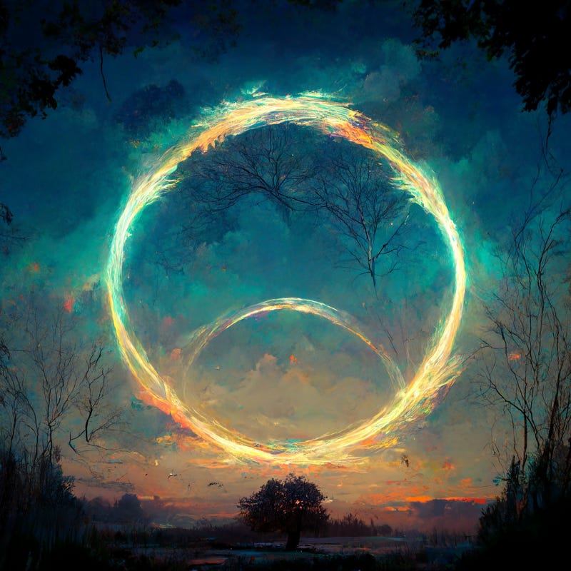 An aurora-like circle containing a second semi-circle in the night sky. It appears otherworldly. Tree branch shapes can be seen within it, seemingly growing in the middle of the sky.