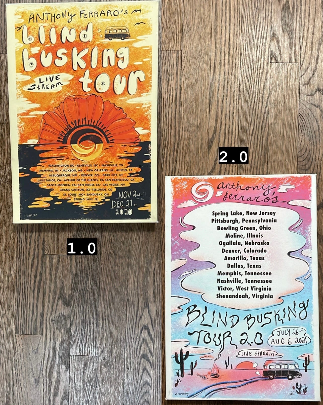 a picture of blind busing tour 1.0 and the poster for blind busing tour 2.0 side by side showing the different stops and dates