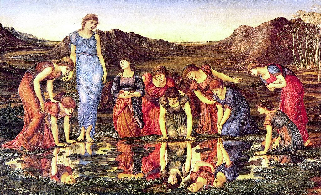 Women in a desolate land stare at their own reflections in a pool of water. 
