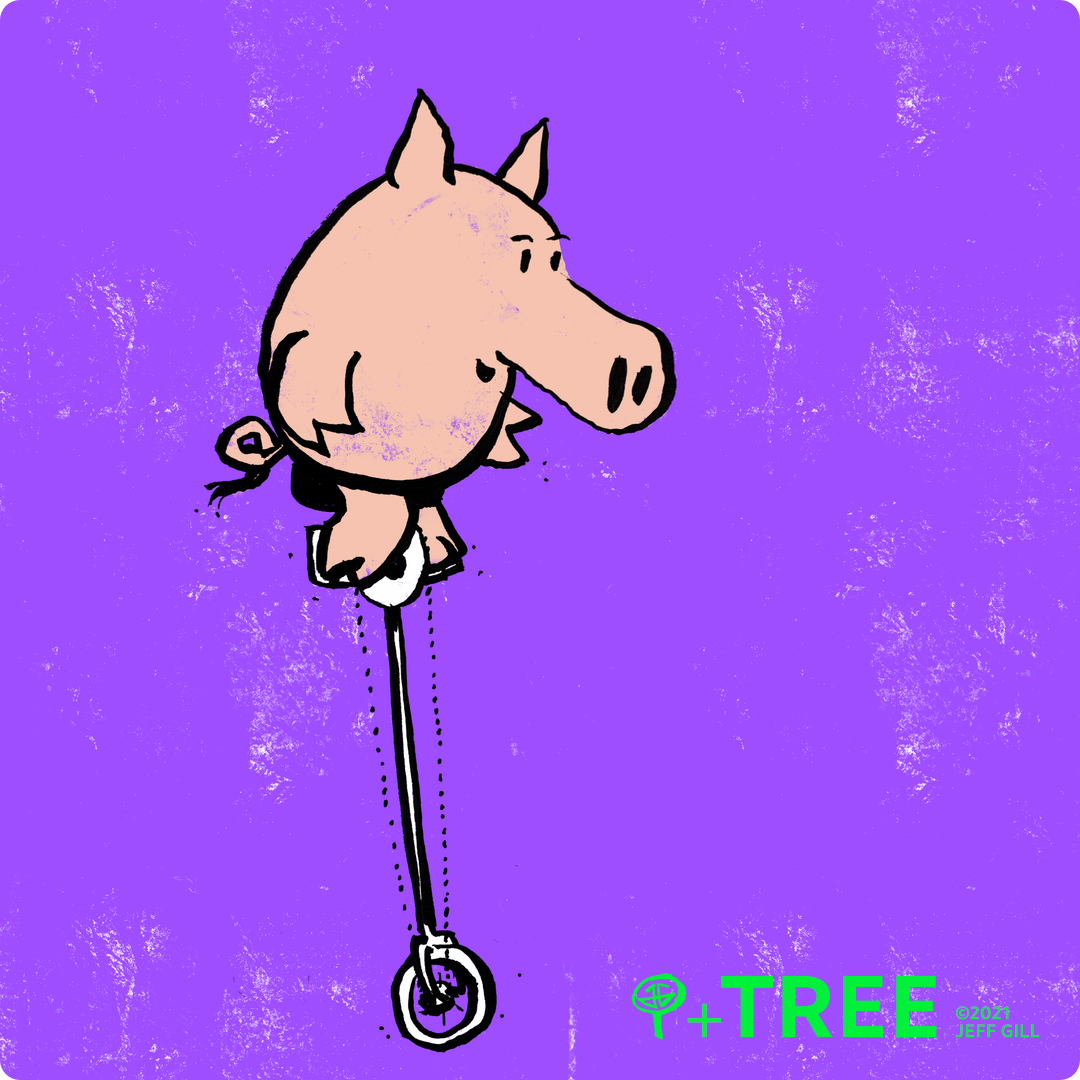 Illustration of a pig riding a very tall unicycle.