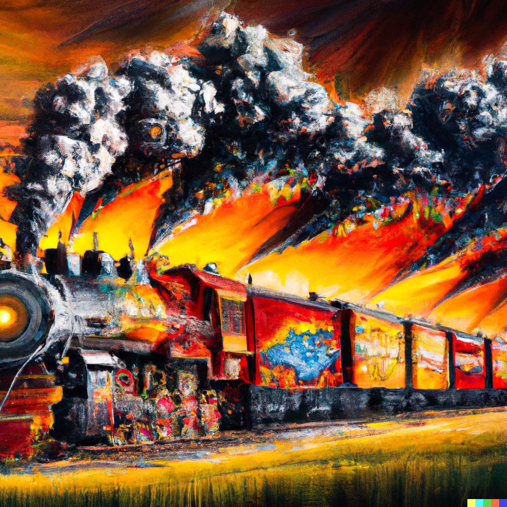 "The canvas is filled with vibrant brushstrokes and splashes of color, depicting a train speeding away from a massive explosion. Thick clouds of smoke billow from the train's engine, adding to the sense of drama and urgency. Despite the chaos, the train's carriages are clearly visible, each one rendered in intricate detail. The explosion is depicted in bold, abstract strokes, with figures running and screaming in the background. However, rather than conveying a sense of danger and destruction, this expressive painting presents the train as a hero, saving everyone from the explosion. The viewer is left with a sense of hope and triumph, as they imagine the story behind the scene.