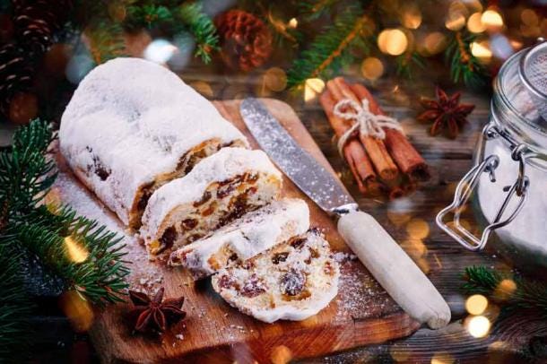 Traditional Christmas stollen fruitcake. (nblxer / Adobe Stock)