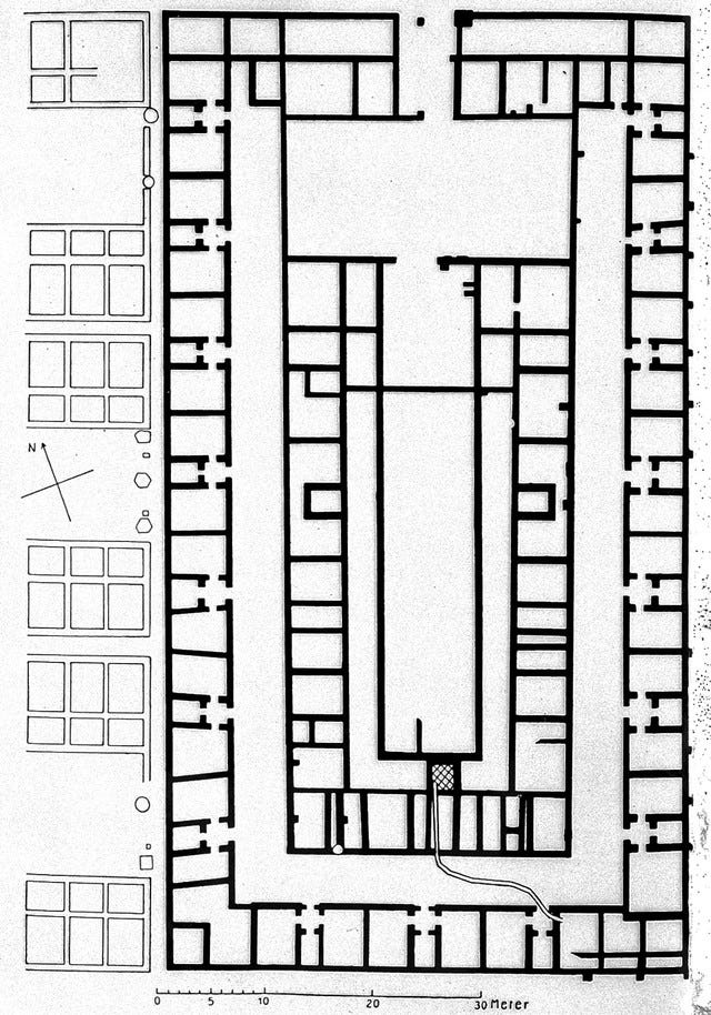 Excavated on the Rhine [Neuss, near Dusseldorf]. Its plan is essentially of a private house in which the rooms are grouped round a central courtyard.