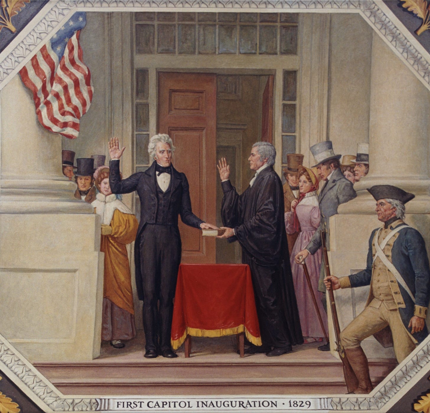 U.S. Capitol mural by Allyn Cox: Chief Justice John Marshall administering the oath of office to Andrew Jackson on the east portico of the U.S. Capitol, March 4, 1829