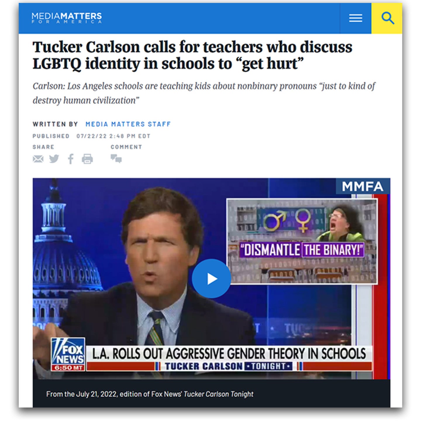 Headline from Media Matters "Tucker Carlson calls for teachers who discuss LGBTQ identity in schools to 'get hurt'"