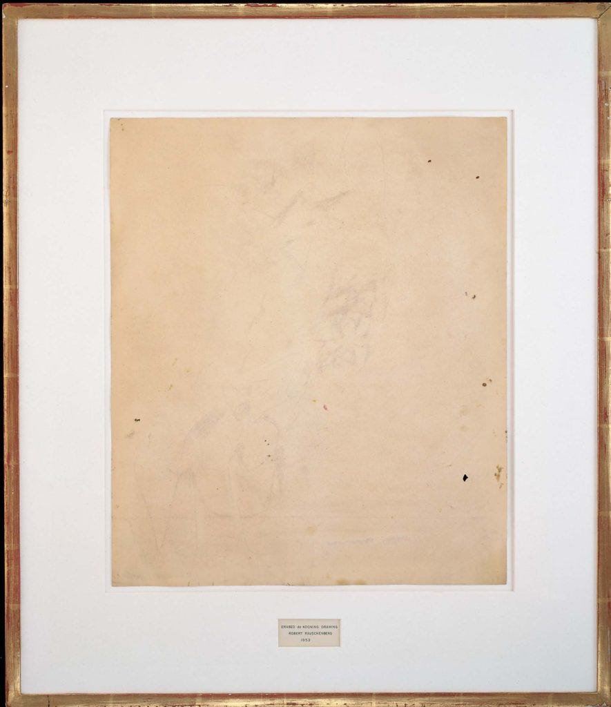 Erased de Kooning Drawing (1958) by Robert Rauschenberg, an early example of conceptual postmodern art