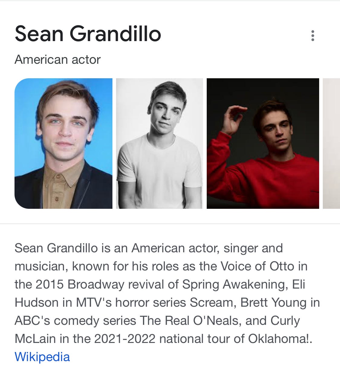 Screengrab of the Wikipedia page about American Actor Sean Grandillo with three photos of him and a short bio
