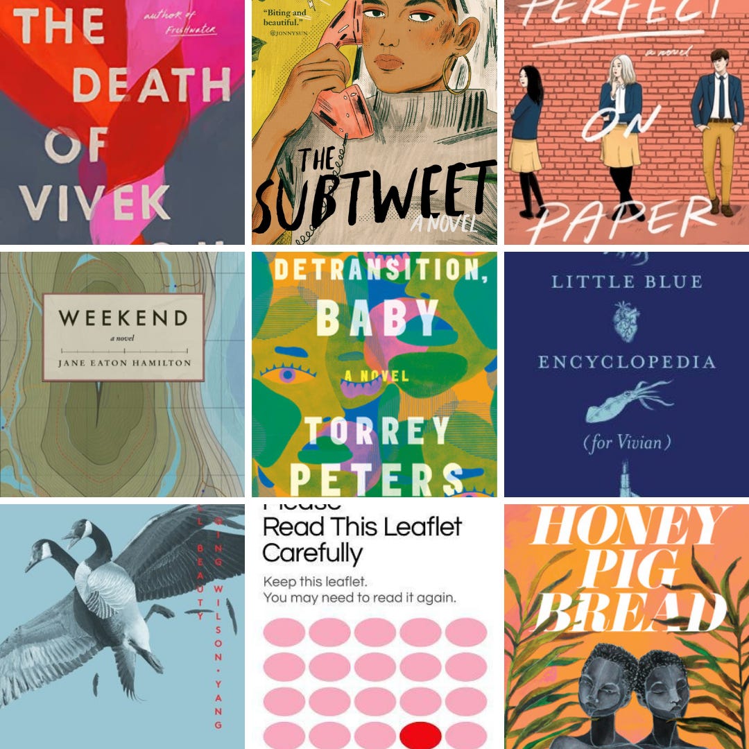A collage of eight book covers: Detransition, Baby, Weekend, Perfect on Paper, Little Blue Encyclopedia (For Vivian), Butter Honey Pig Bread, The Death of Vivek Oji, Small Beauty, and Please Read This Leaflet Carefully.
