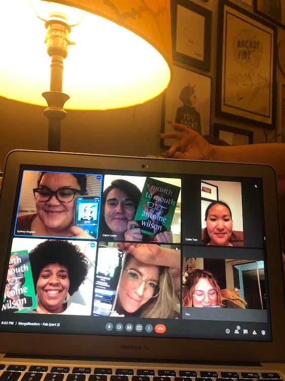 a photo of a zoom meeting with six women holding up a book called Mouth to Mouth.
