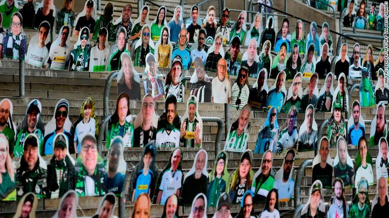 Cardboard cut-outs with portraits of Borussia Moenchegladbach&#39;s supporters are seen at the Borussia Park stadium.