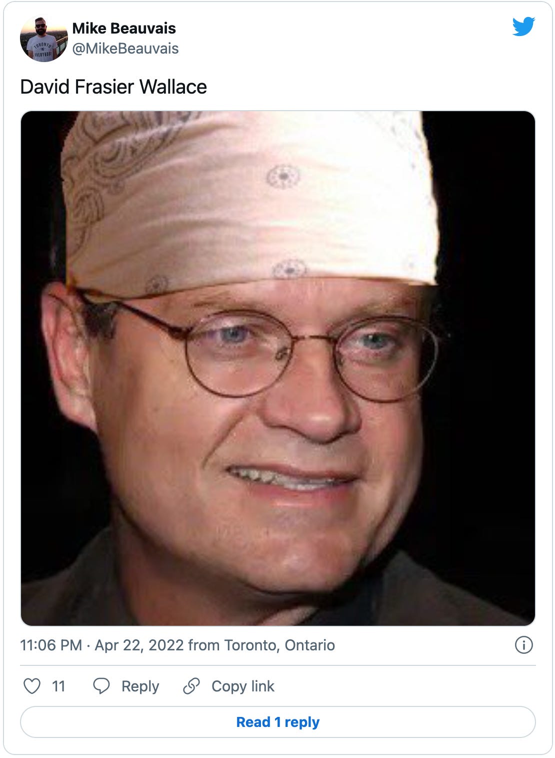 Tweet by @MikeBeauvais: “David Frasier Wallace” with a photoshop close-in on Frasier Crane wearing a David Foster Wallace head handkerchief. I can’t really do justice to it in text but it fully embodies Freud’s concept of “Das Unheimliche”  