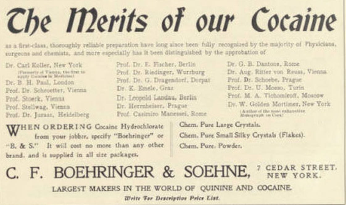 A Kennedy-Andrews Drug Company supply catalog, 1906. This advertisement, in the back of a pharmacy supply catalog, promotes "our cocaine" as "first-class." Courtesy of the University of Minnesota Libraries, Wangensteen Historical Library via Minnesota Digital Library.