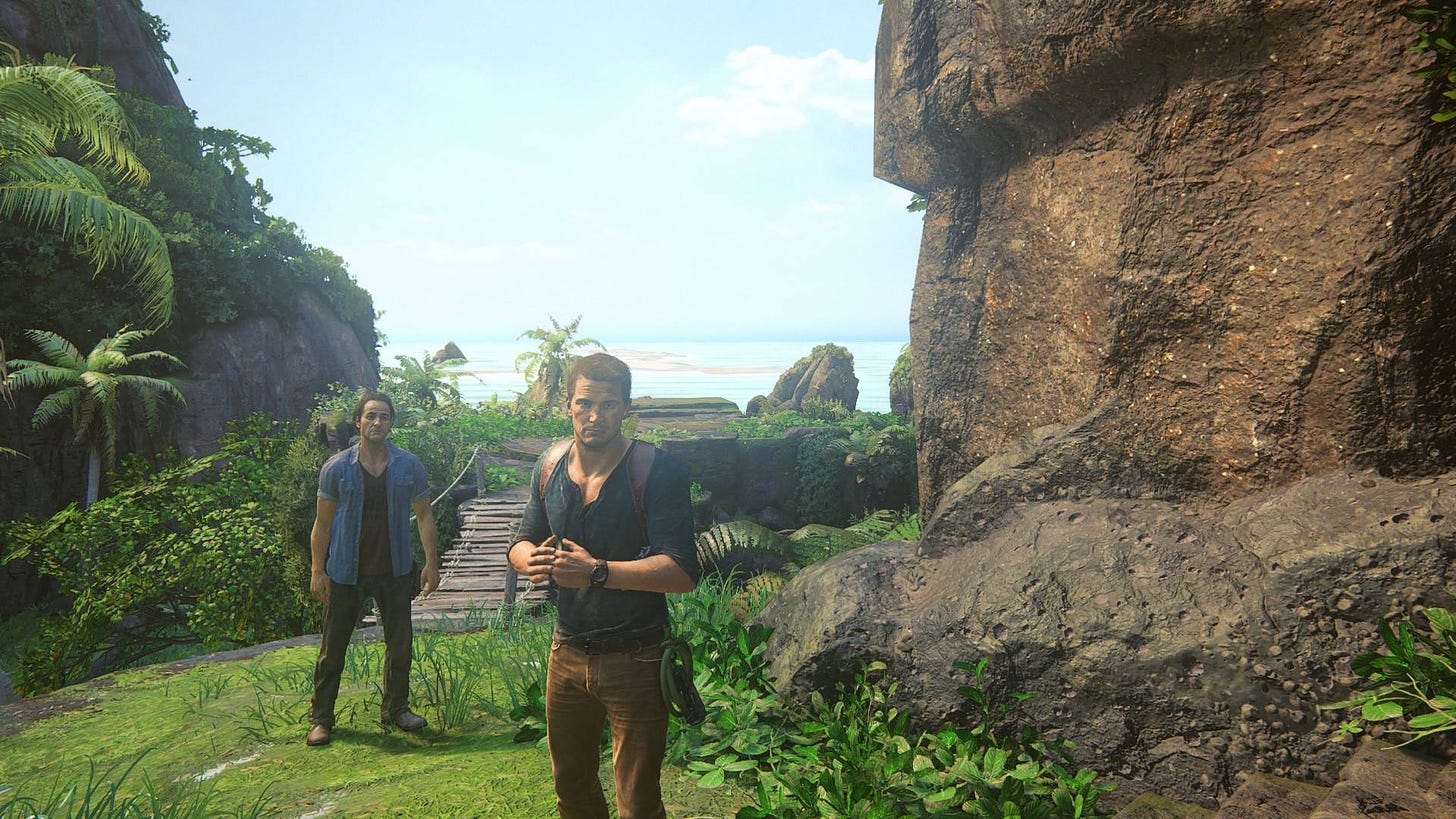 Nathan Drake and Sam stood on a tropical island