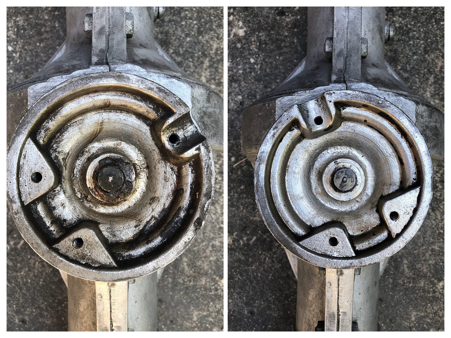 Hills Hoist gear casing before and after degreasing.