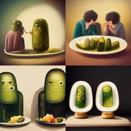 An image generated by the AI midjourney with the prompt "/imagine two people eating one pickle at the same time"