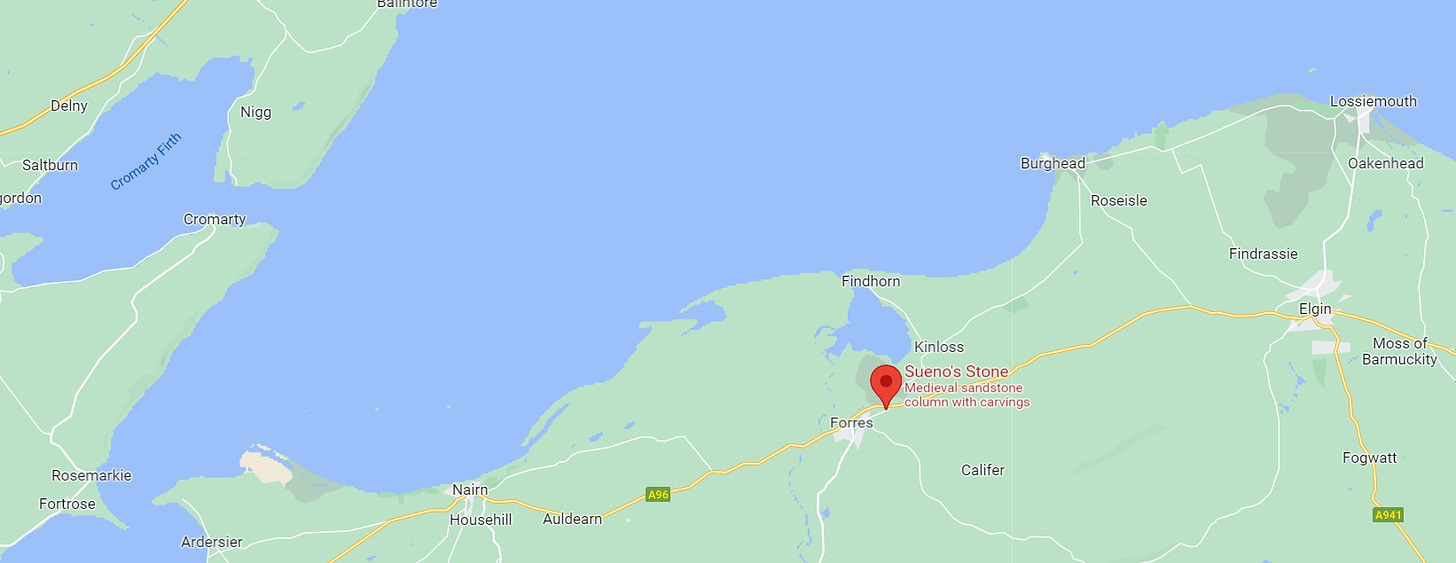 Map showing the location of Sueno's Stone in Forres, Moray, Scotland, close to the Moray Firth.