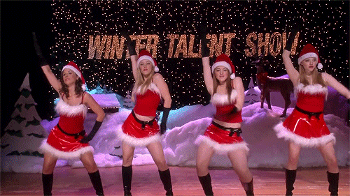 GIF: The Mean Girls, in slutty Santa outfits, dance to "Jingle Bell Rock"