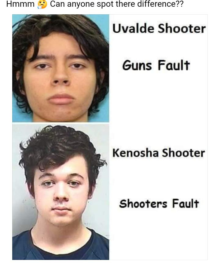 May be an image of 2 people and text that says 'Hmmm Can anyone spot there difference?? Uvalde Shooter Guns Fault Kenosha Shooter Shooters Fault'