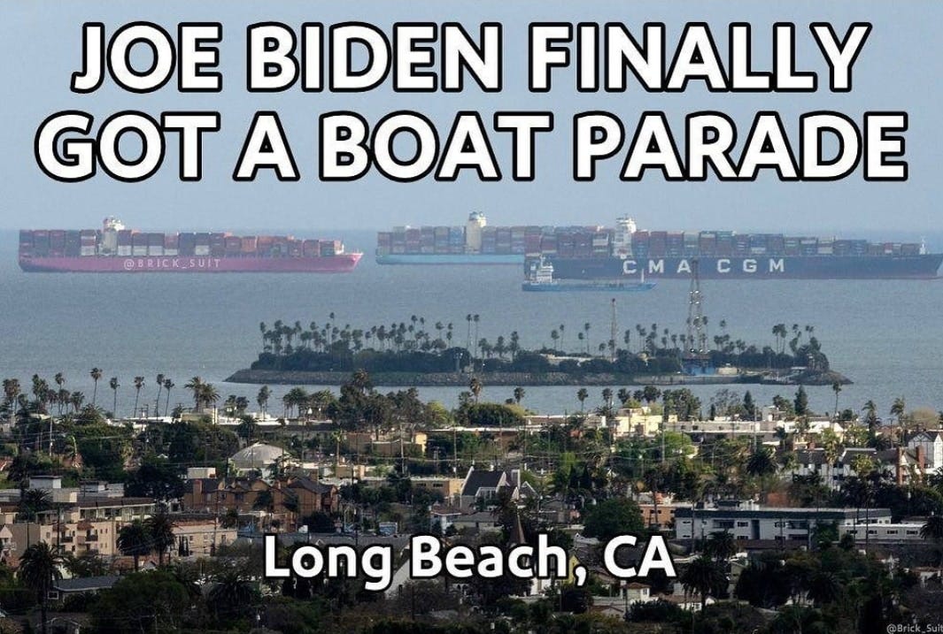 May be an image of ‎outdoors and ‎text that says '‎JOE BIDEN FINALLY GOT A BOAT PARADE @BRICK_SUIT CMACGM Long Beach, CA SUIکL‎'‎‎