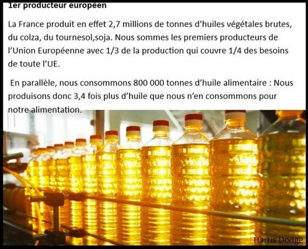 Peut être une image de texte qui dit ’ler producteur europeen La France produit en effet 2,7 millions de tonnes d'huiles végétales brutes, du colza, du tournesol,soja. Nous sommes les premiers producteurs de l'Union Européenne avec 1/3 de la production qui couvre 1/4 des besoins de toute l'UE. En parallèle, nous consommons 800 000 tonnes d'huile alimentaire :Nous produisons donc 3,4 fois plus d'huile que nous n'en consommons pour notre ealimentation’