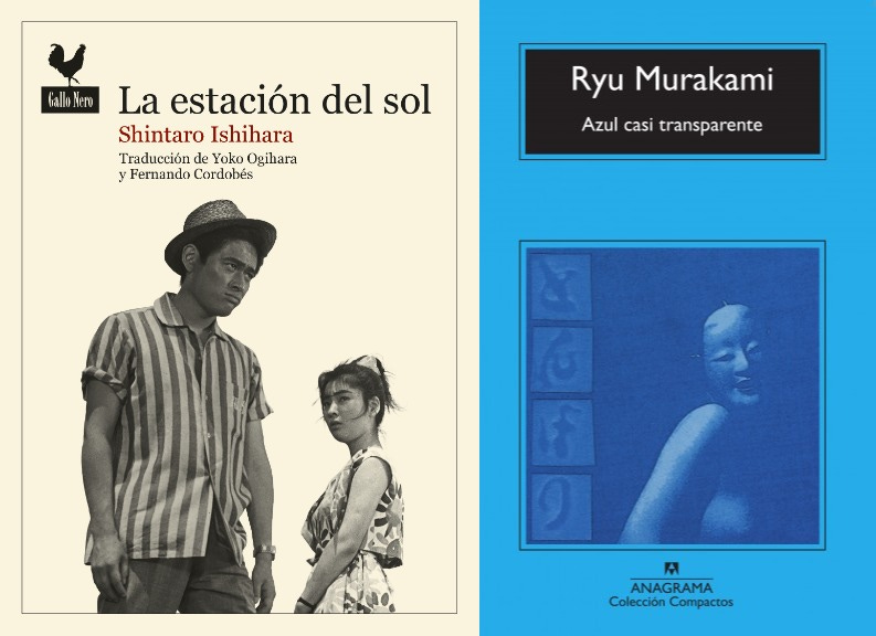 Imagen con las portadas de dos libros: La estación del sol, de Shintaro Ishihara, y Azul casi transparente de Ryu Murakami.